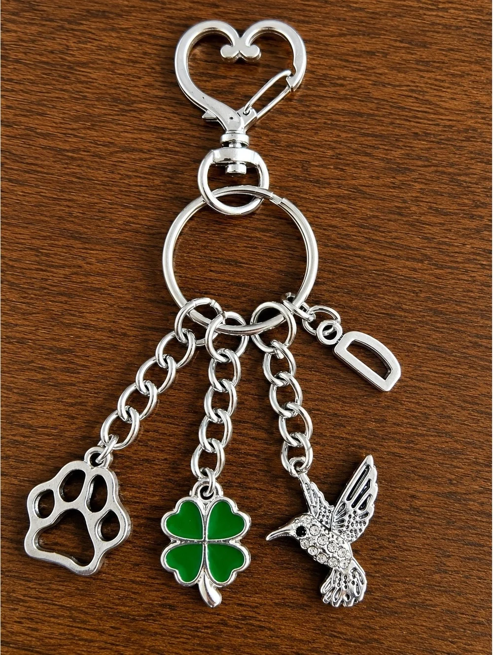 Silver Tone Charm Keychain with Paw, Four-Leaf Clover, Hummingbird, and Letter D